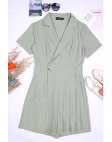 Fine Notch Collar Pleated Front Overlay Wrap Playsuit (Grey Green)